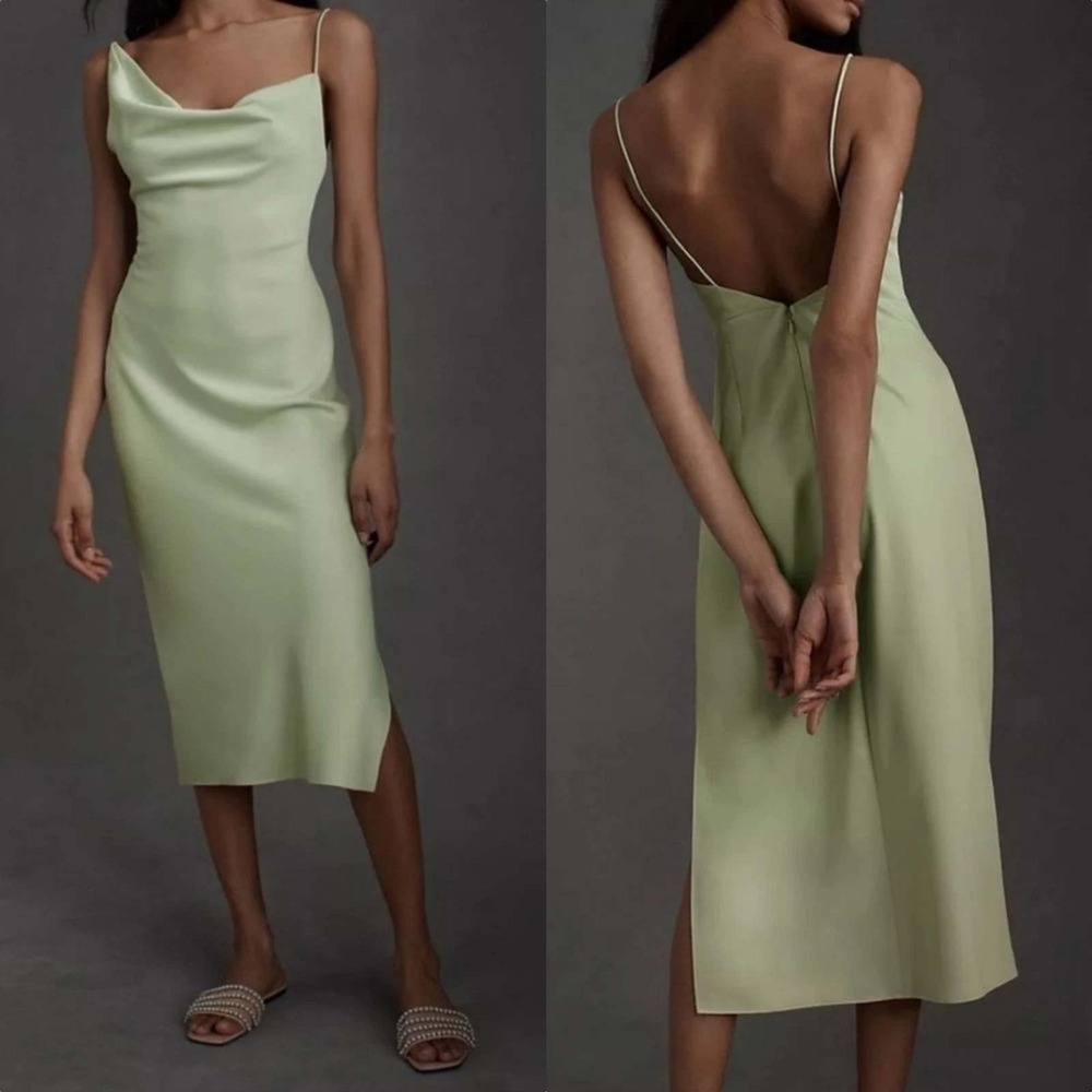 BHLDN August Satin Charmeuse Midi Dress Mint Green Size 4 Cowl Neck Sleeveless